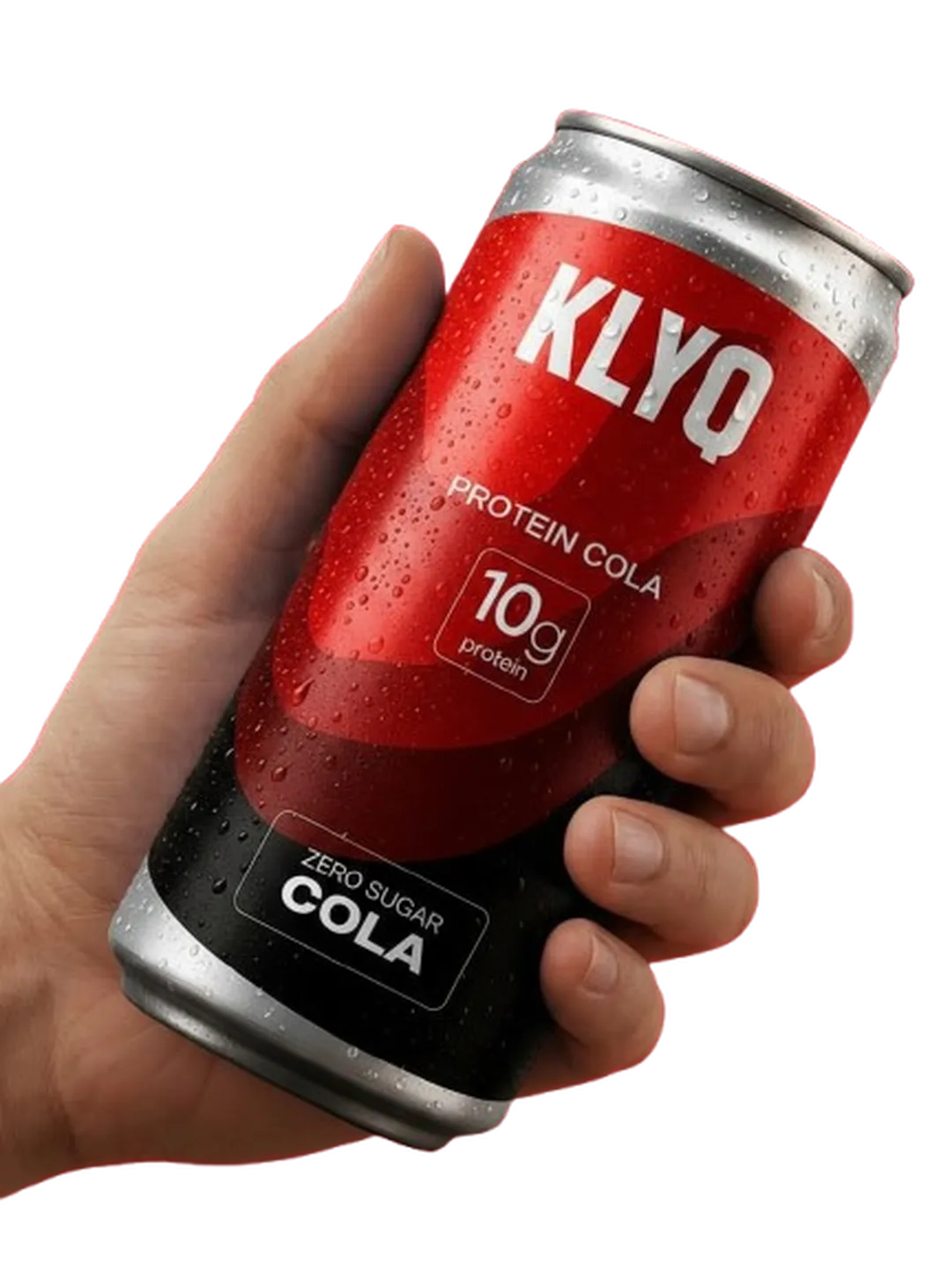 A hand holding a KLYQ Protein Cola can